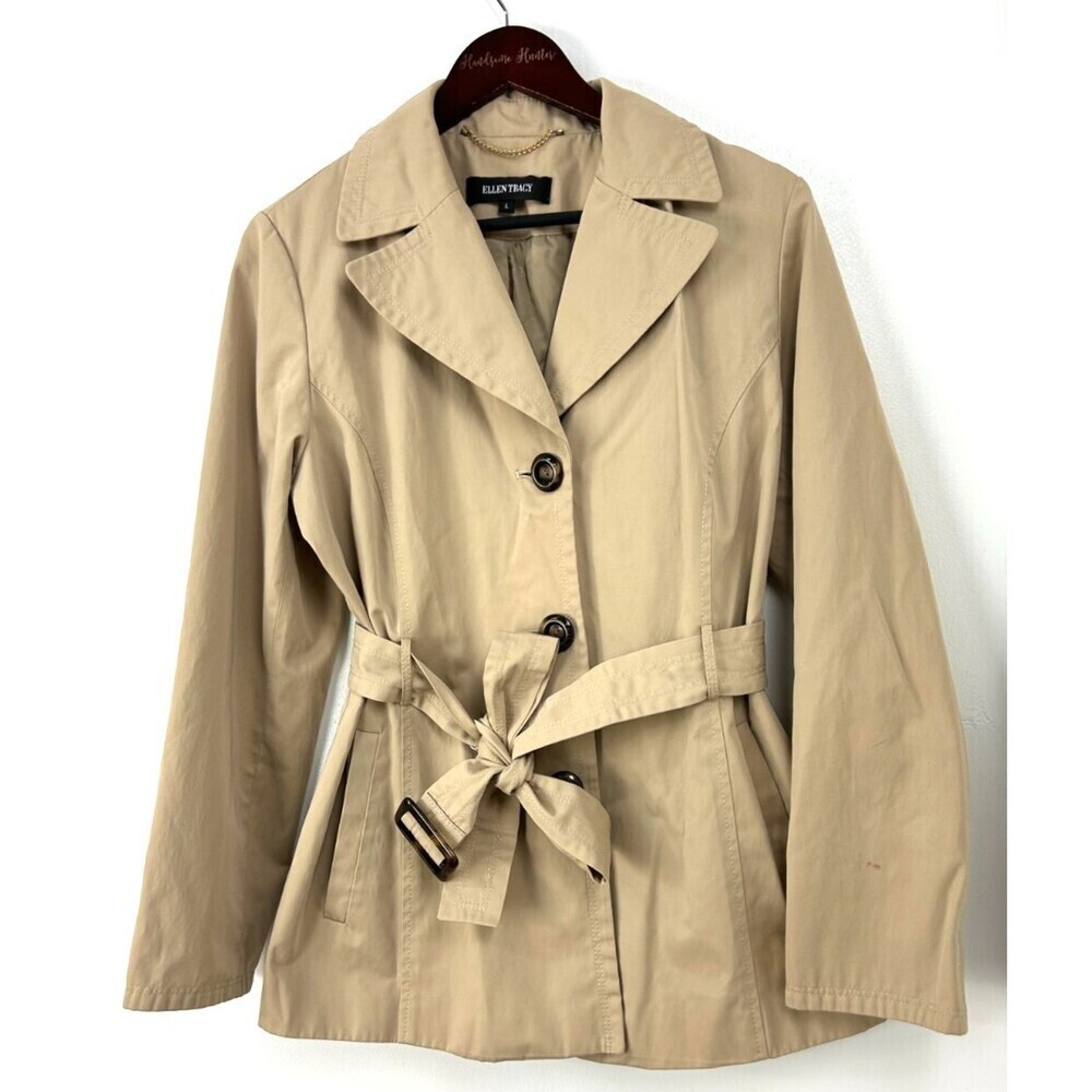 Ellen Tracy Womens Classic Tan Mid Length Trench Coat Small Flaw Sz L 1168N1 - Picture 3 of 12